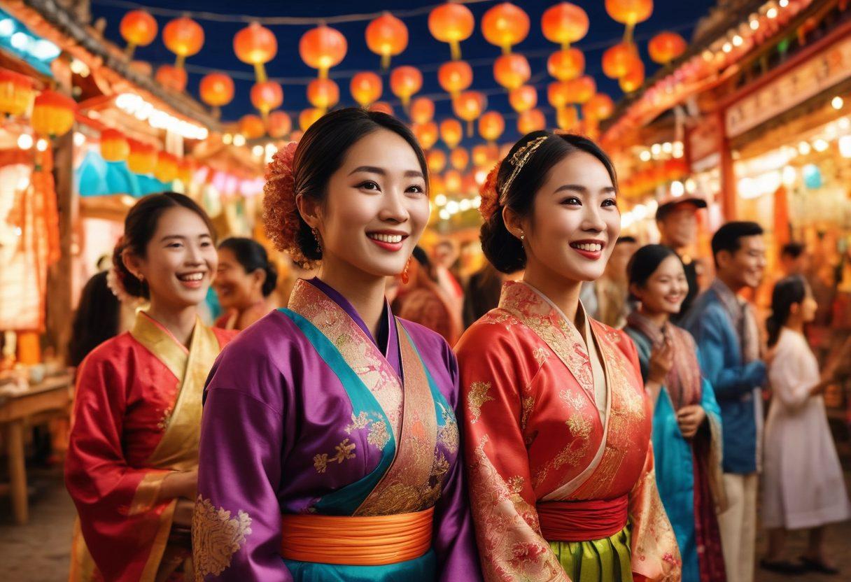 A vibrant scene showcasing a diverse group of Asian individuals celebrating a festival, adorned in traditional attire, with colorful decorations and lanterns in the background. Expressions of joy and elation on their faces, capturing the essence of community and cultural richness. Incorporate elements like traditional food stalls and performance arts. super-realistic. vibrant colors. festive atmosphere.