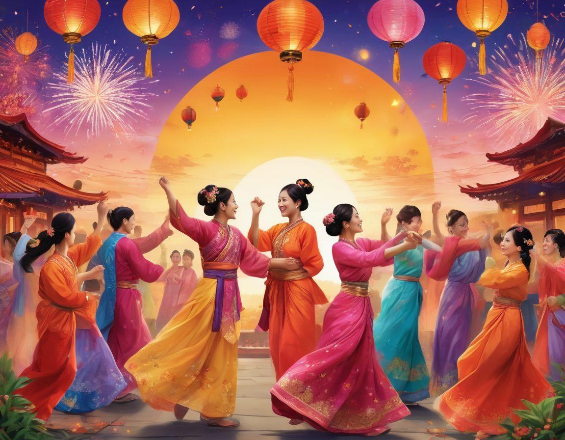 A vibrant collage of diverse Asian celebrations, showcasing traditional dances, colorful festivals, and joyous gatherings, with smiling people wearing cultural attire and sharing food. Include elements like lanterns, fireworks, and floral decorations. The background should reflect a festive atmosphere with a sunset or twilight sky. vibrant colors. detailed illustrations.