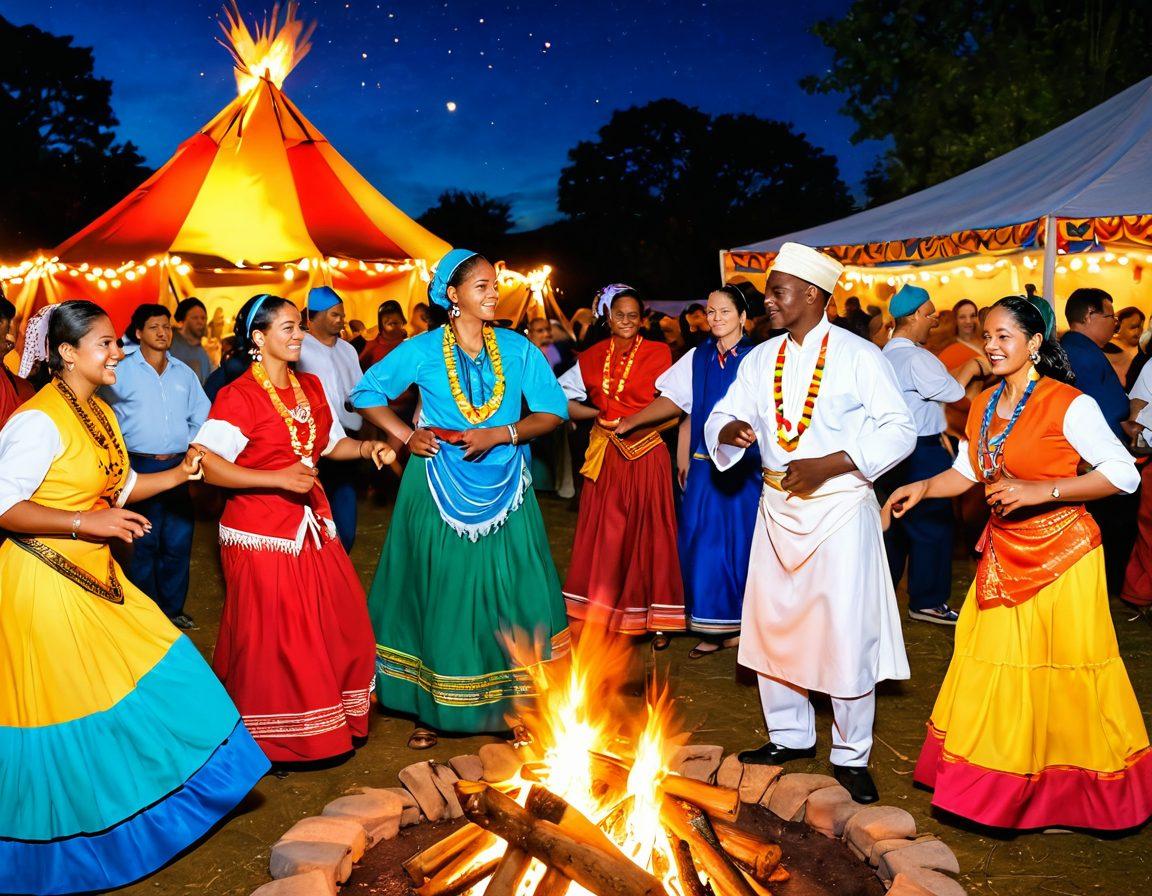 A vibrant community gathering showcasing diverse cultural heritage, featuring individuals in traditional attire dancing joyfully around a central bonfire. The background highlights colorful banners, local art displays, and traditional foods being shared, encapsulating the warmth of community connections. Soft, warm lighting creates an inviting atmosphere, emphasizing happiness and unity. super-realistic. vibrant colors. 3D.